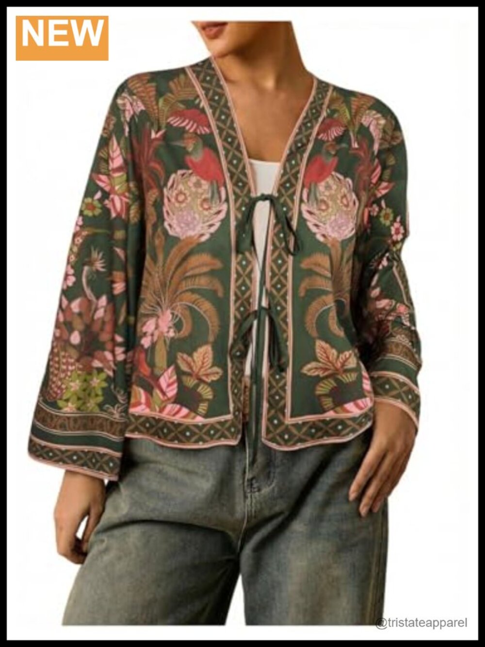 Plus Size Tropical Tie Front Kimono Blouse Long Sleeve Boho Top